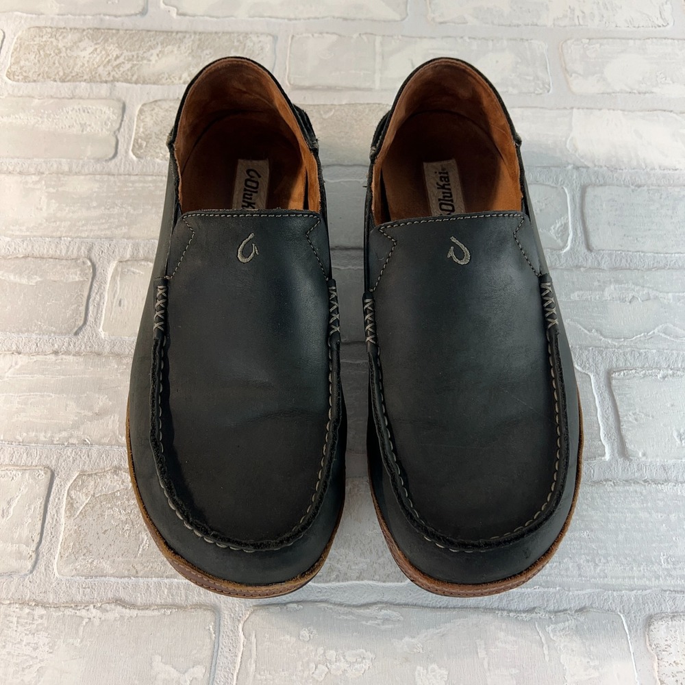 Olukai Moloa Shoes Mens 11 Black Convertible Leather Slip On Casual Moc Loafers - Picture 8 of 14